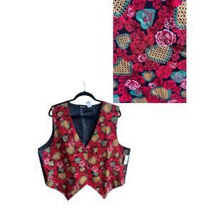 111 Main Valentine’s Day Vest Women’s 2X Vintage Heart Rose Print Novelty